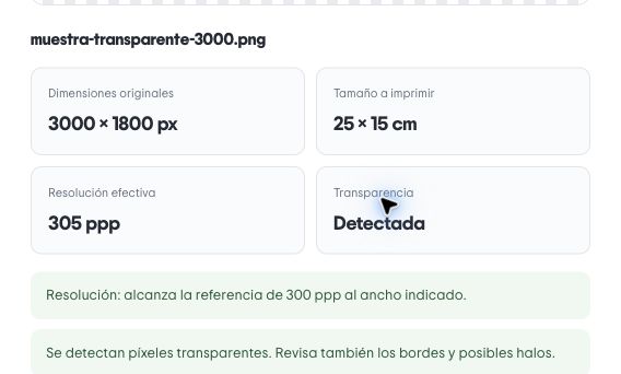 Vista del comprobador de resolución y transparencia