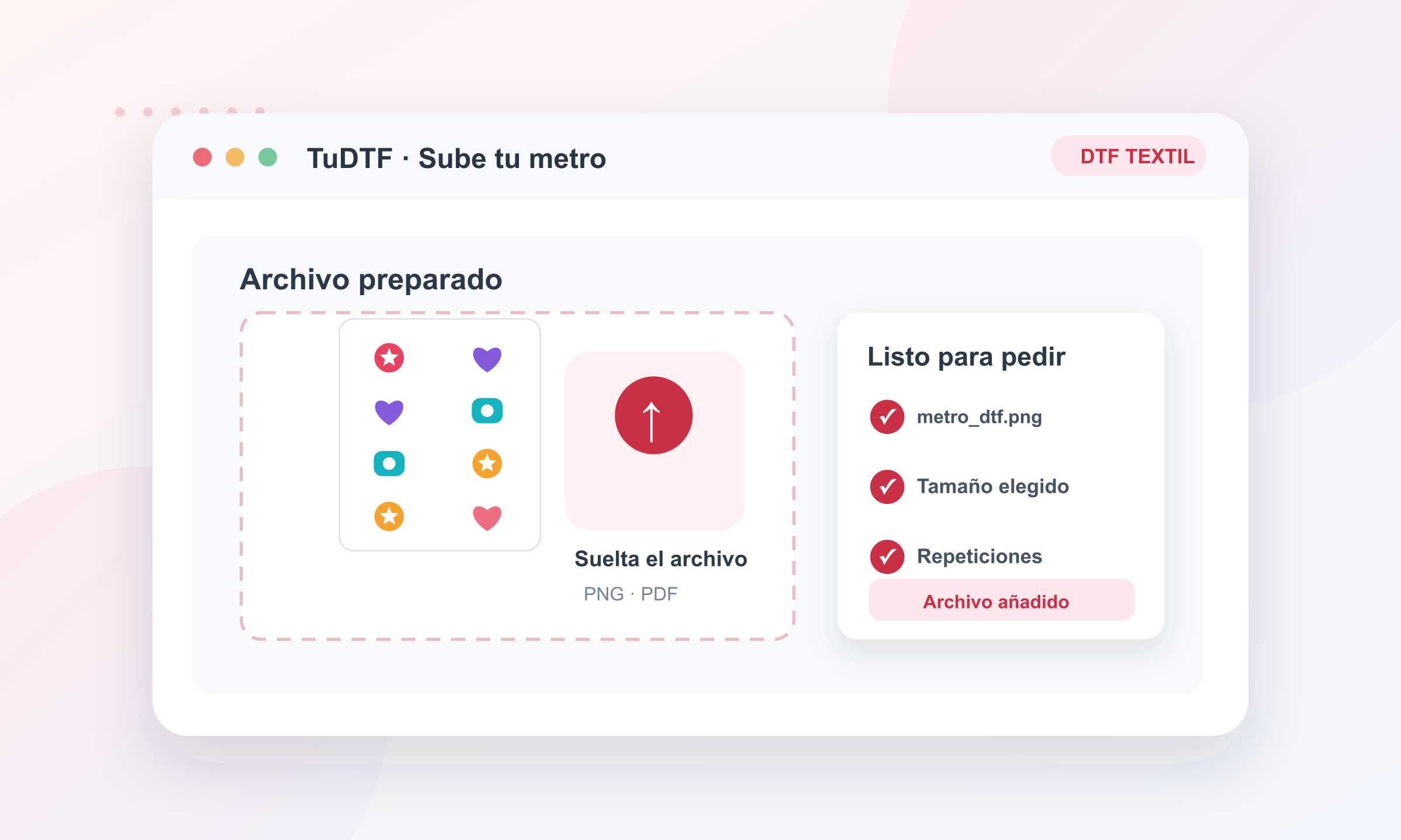 Ilustración de subida de un metro DTF preparado